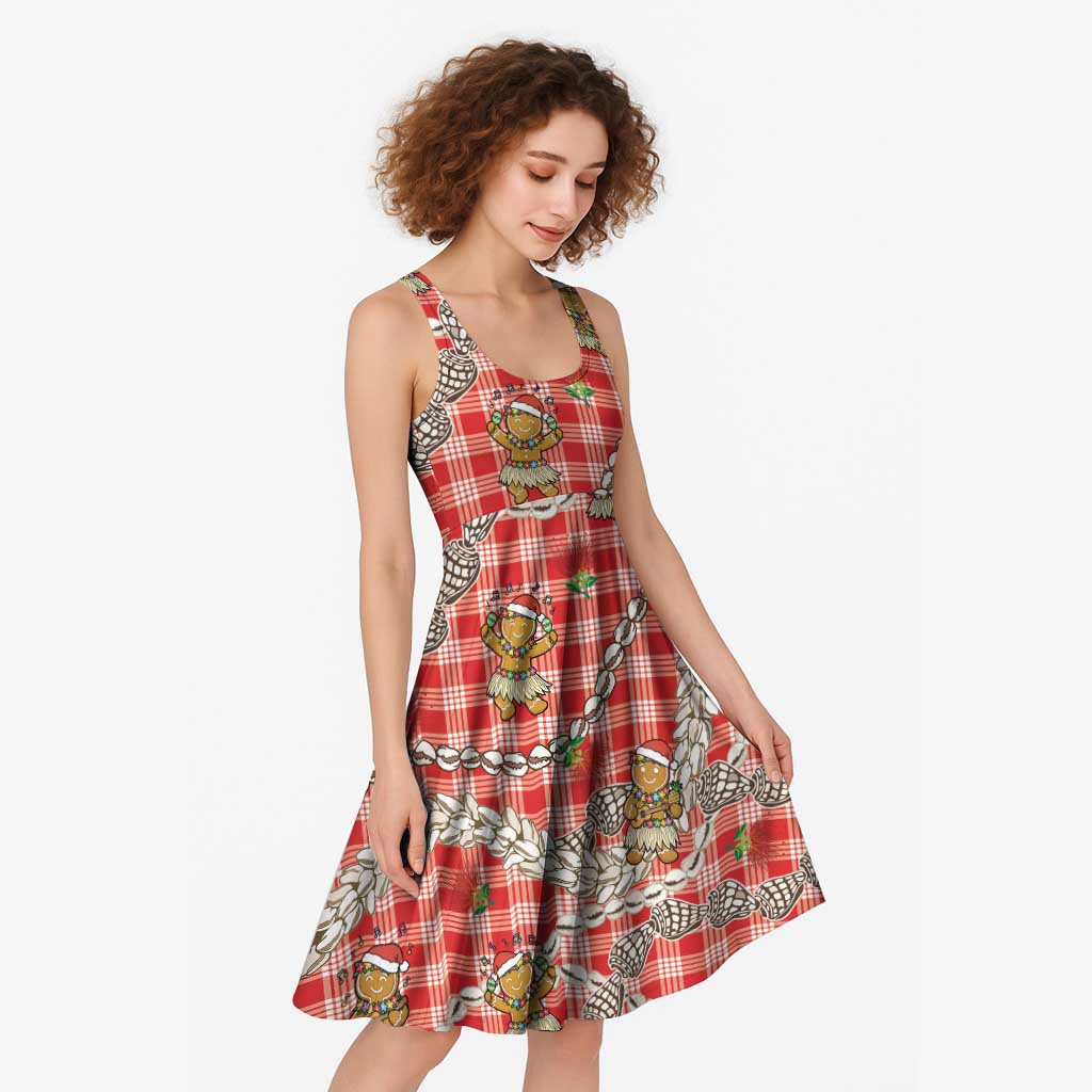 Red Palaka Hawaii Mele Kalikimaka Midi Dress Ohia Lehua Shell Leis Funny Gingerbread Santa LT14 - Polynesian Pride