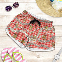 Red Palaka Hawaii Mele Kalikimaka Shorts for Women Ohia Lehua Shell Leis Funny Gingerbread Santa LT14 Red - Polynesian Pride