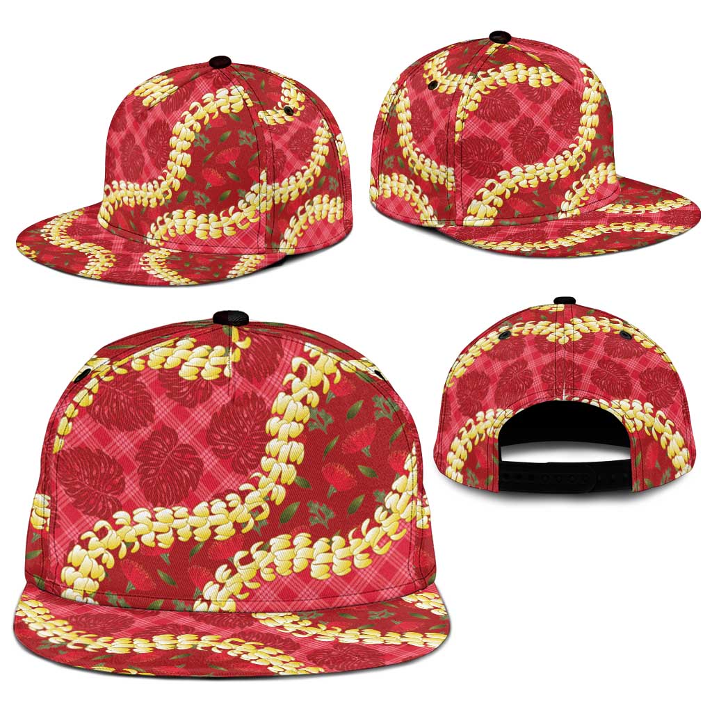 Red Palaka Hawaii Mele Kalikimaka Snapback Cap Ohia Lehua Monstera Puakenikeni Lei - Polynesian Pride
