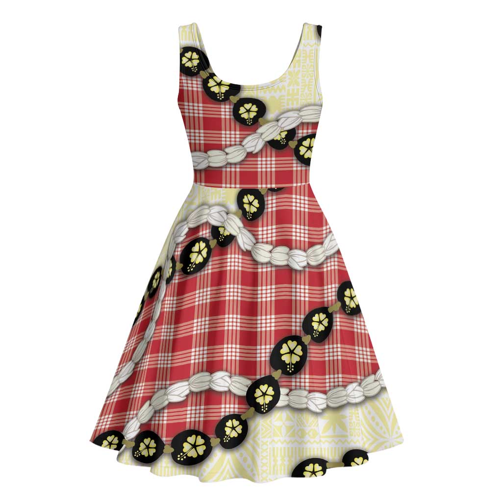 Red Palaka Hawaii Midi Dress Kukui Nut Pikake Lei Hawaiian Tapa Pattern - Polynesian Pride