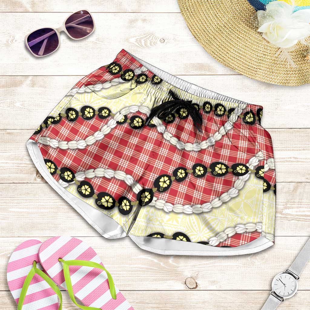 Red Palaka Hawaii Shorts for Women Kukui Nut Pikake Lei Hawaiian Tapa Pattern - Polynesian Pride
