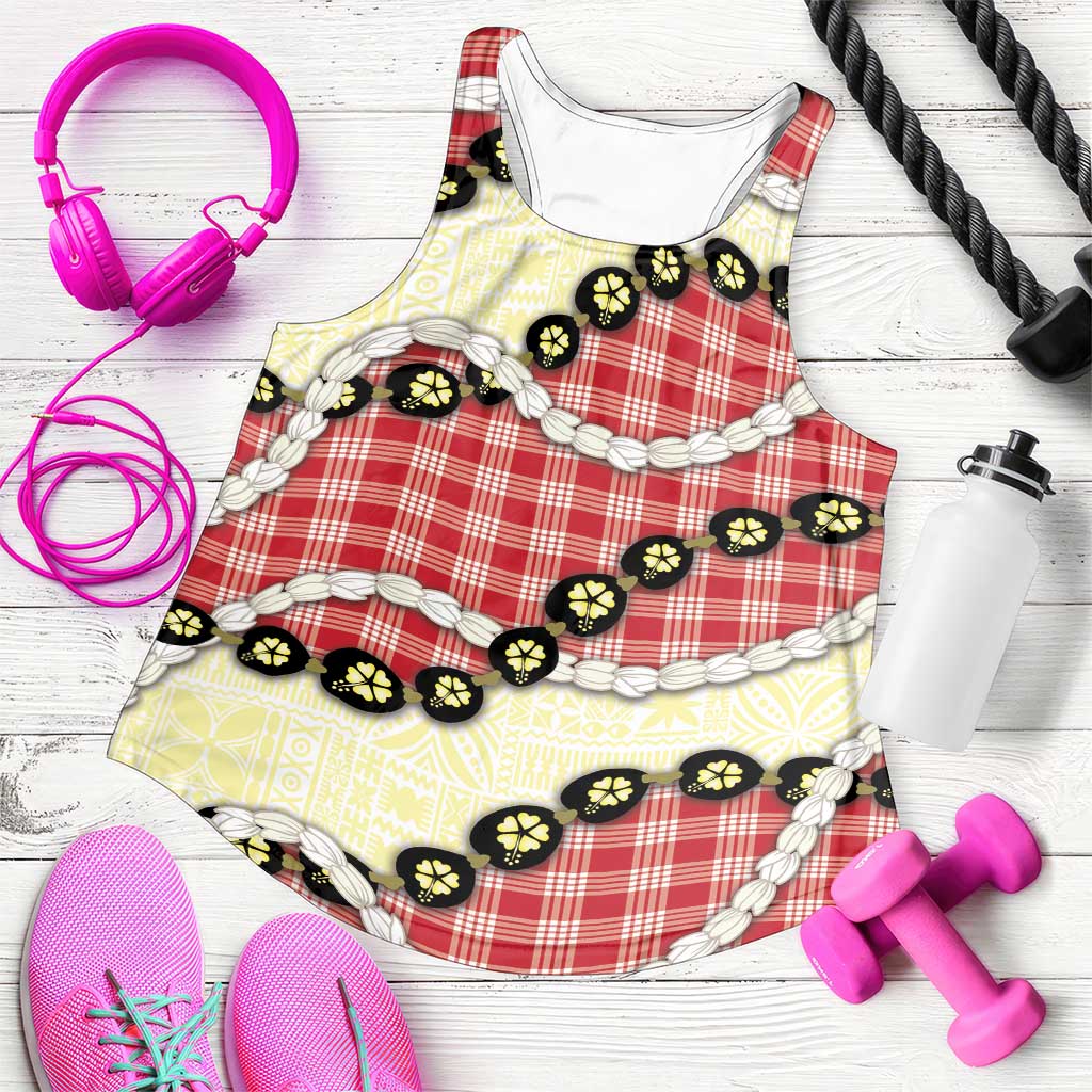 Red Palaka Hawaii Women Racerback Tank Kukui Nut Pikake Lei Hawaiian Tapa Pattern - Polynesian Pride