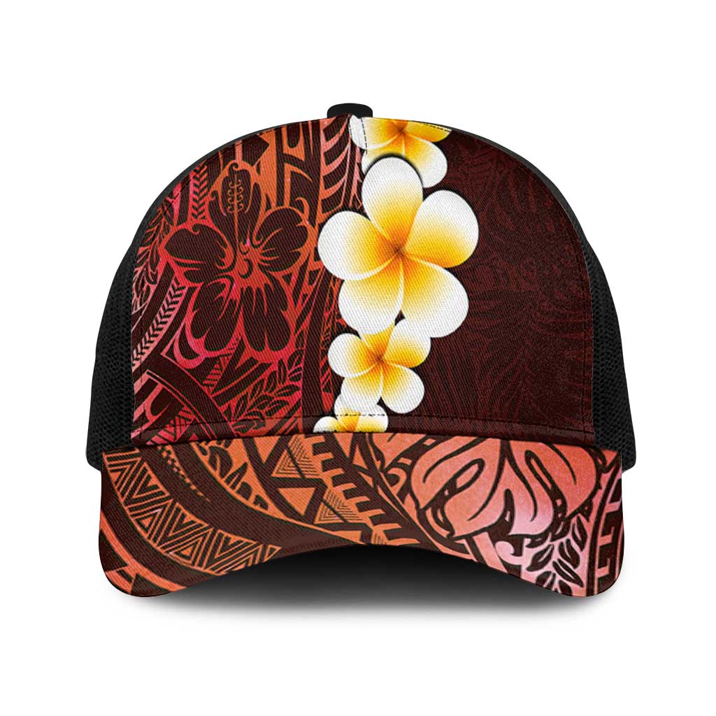 Red Polynesia Baseball Net Cap Plumeria Tropical Leaves With Galaxy Polynesian Art - Polynesian Pride