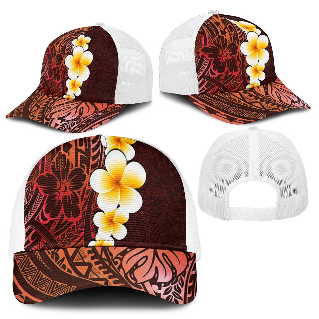 Red Polynesia Mesh Trucker Cap Plumeria Tropical Leaves With Galaxy Polynesian Art - Polynesian Pride