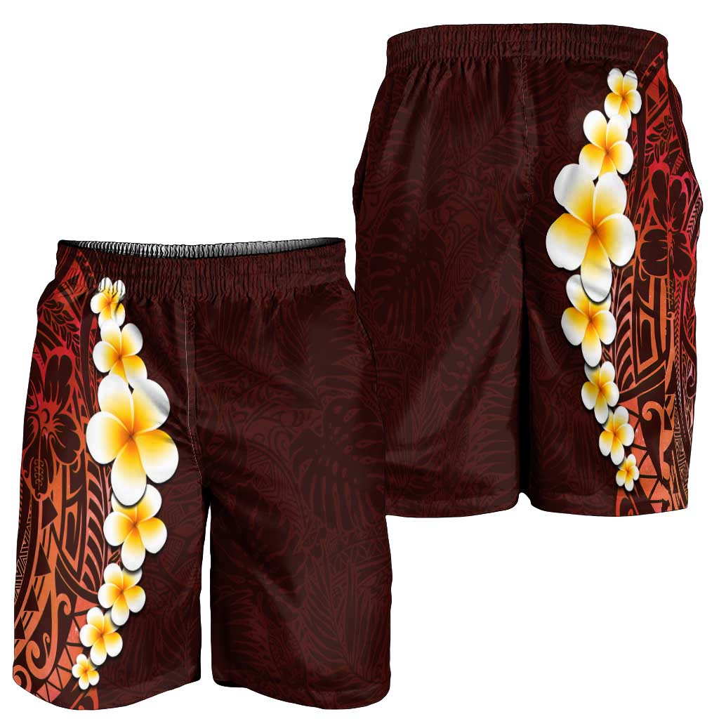Red Polynesia Shorts for Men Plumeria Tropical Leaves With Galaxy Polynesian Art LT14 - Polynesian Pride