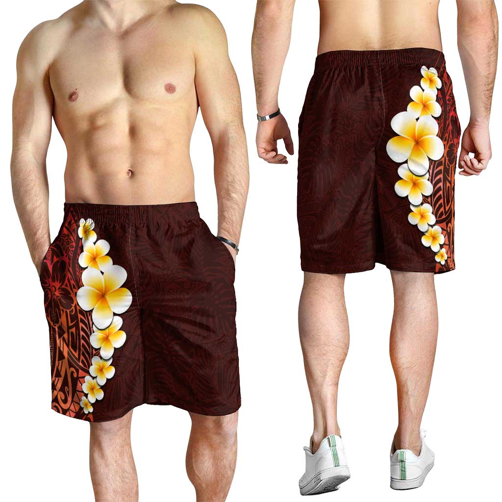 Red Polynesia Shorts for Men Plumeria Tropical Leaves With Galaxy Polynesian Art LT14 - Polynesian Pride