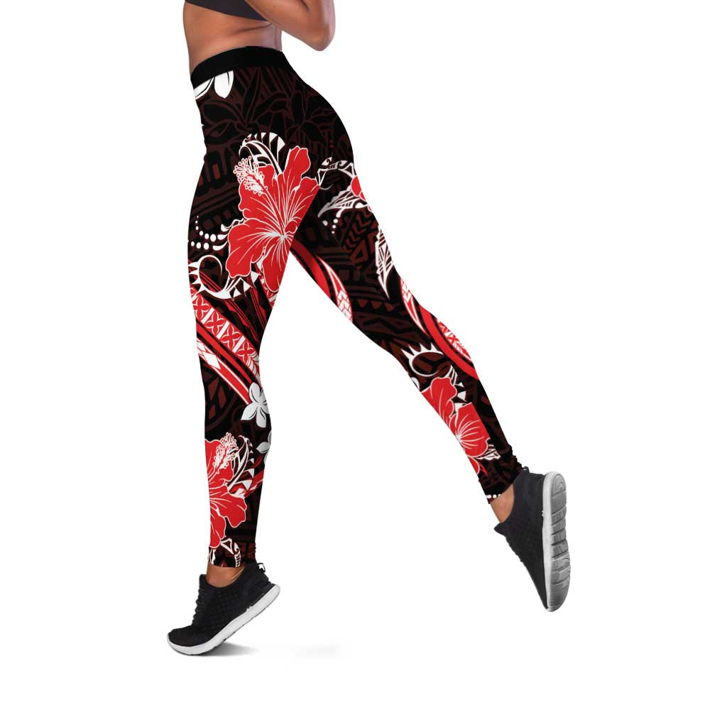 Red Polynesian Pattern With Tropical Flowers Leggings LT05 Red - Polynesian Pride