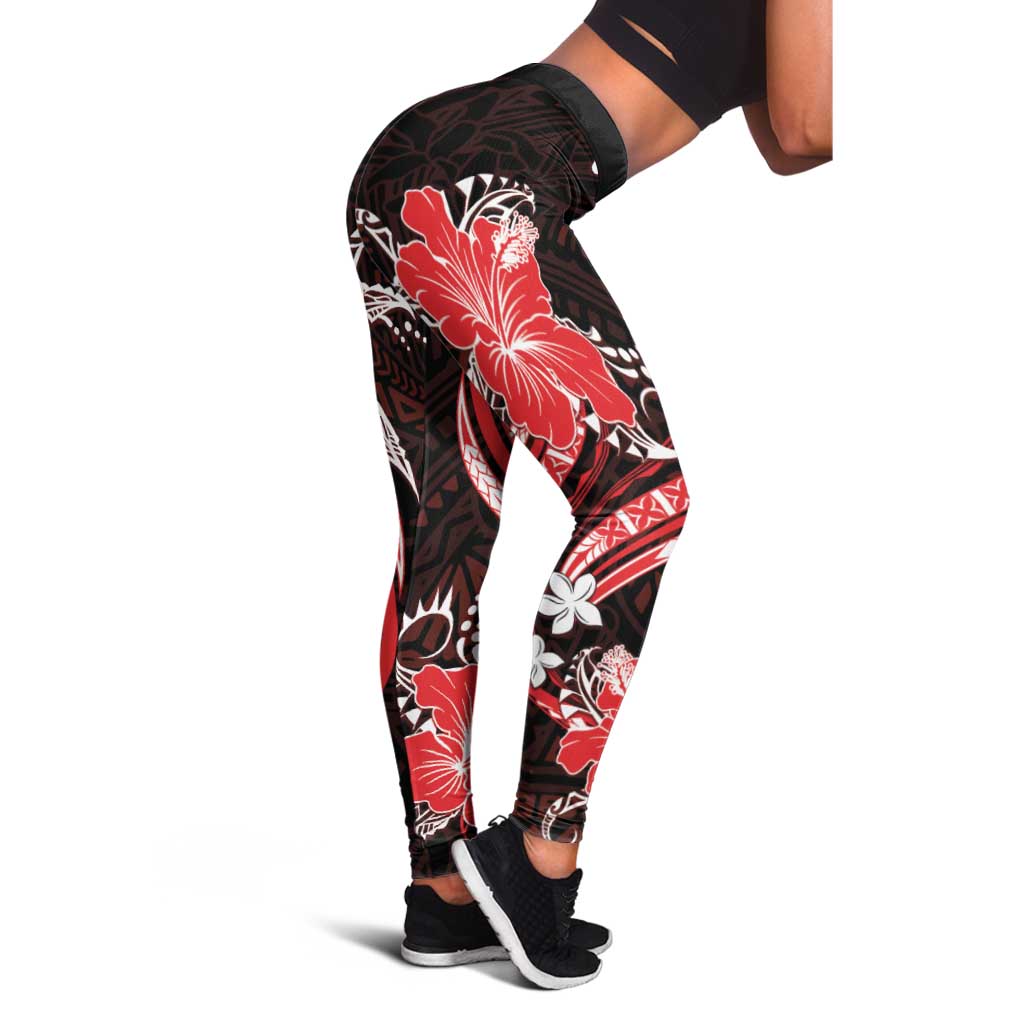 Red Polynesian Pattern With Tropical Flowers Leggings LT05 - Polynesian Pride