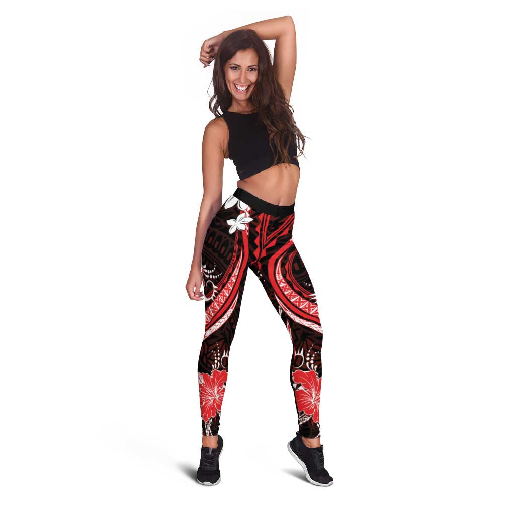 Red Polynesian Pattern With Tropical Flowers Leggings LT05 - Polynesian Pride