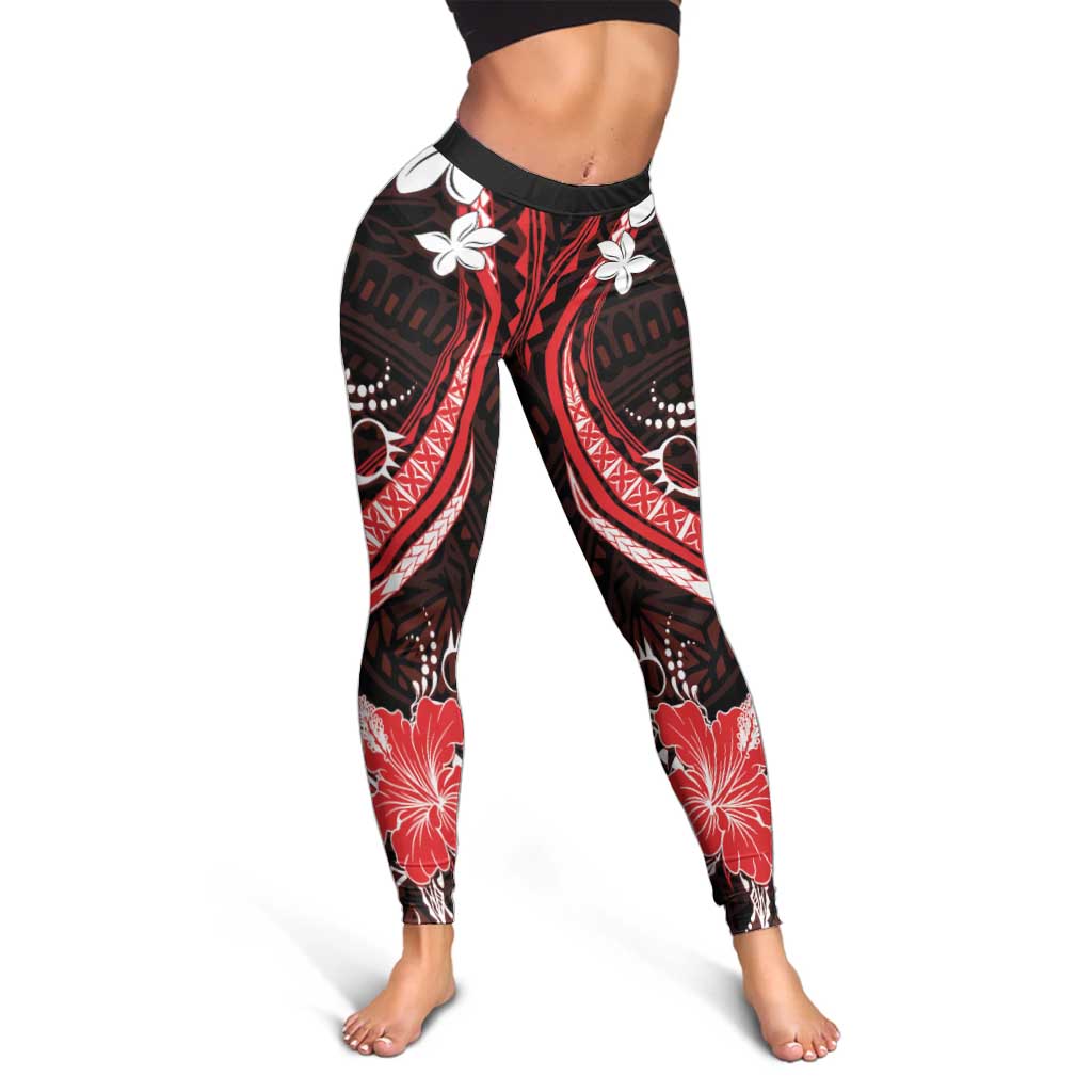 Red Polynesian Pattern With Tropical Flowers Leggings LT05 - Polynesian Pride