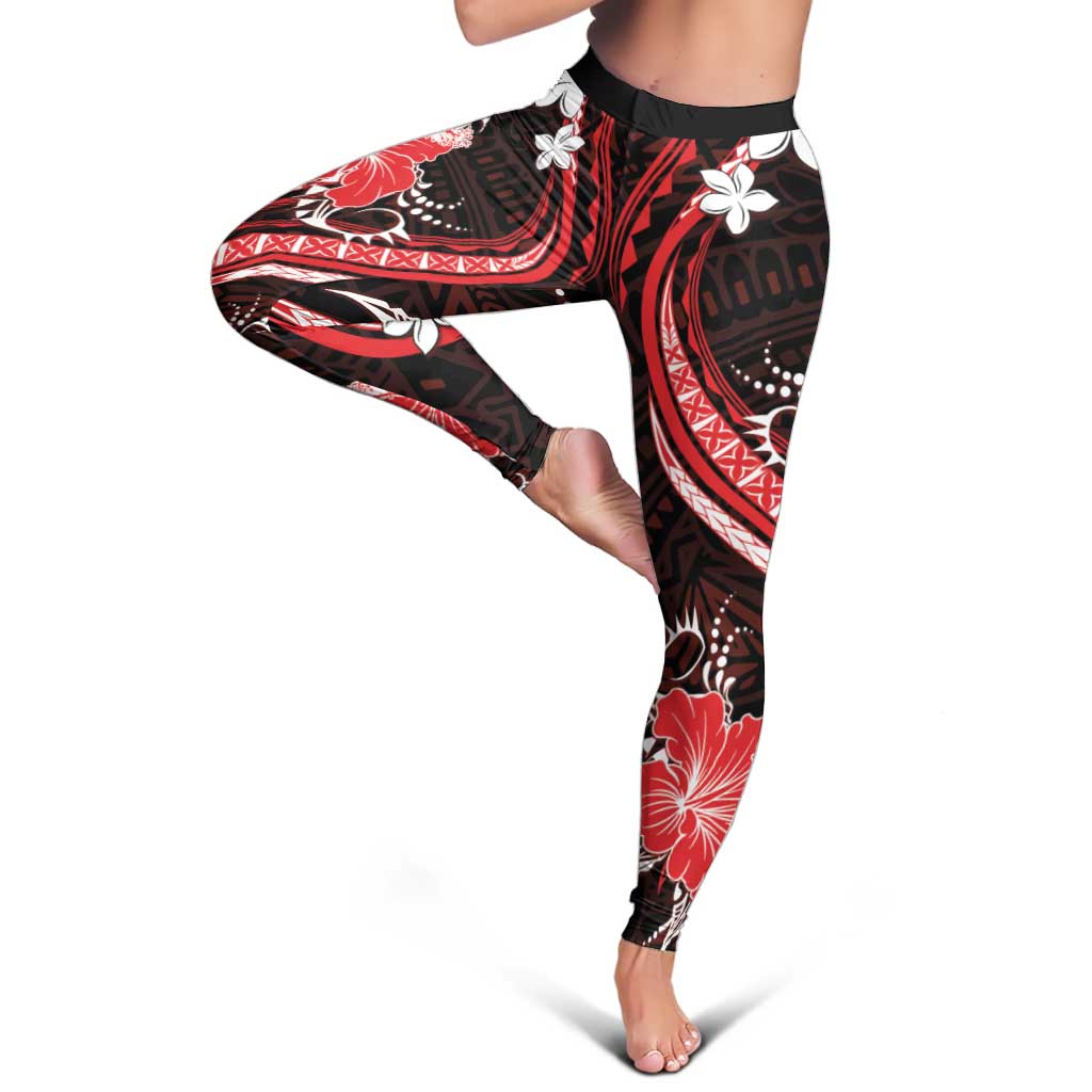 Red Polynesian Pattern With Tropical Flowers Leggings LT05 - Polynesian Pride