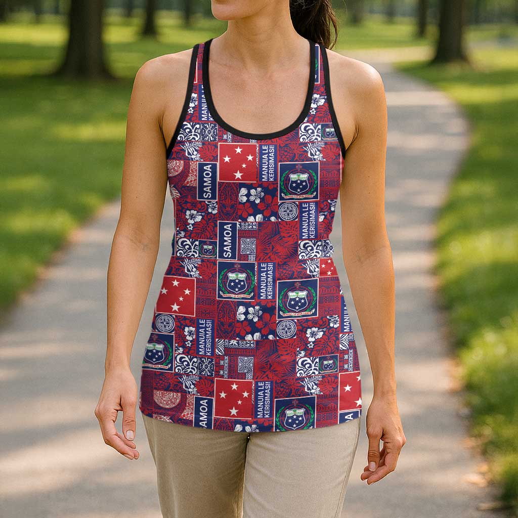 Red Samoa Manuia Le Kerisimasi Hollow Tank Top Pacific Patchwork Xmas Vibes - Polynesian Pride
