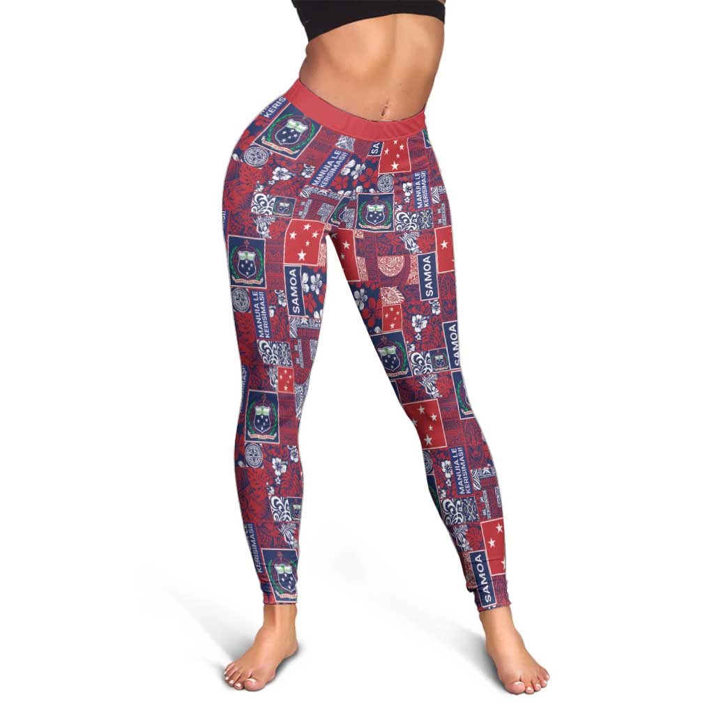 Red Samoa Manuia Le Kerisimasi Leggings Pacific Patchwork Xmas Vibes - Polynesian Pride