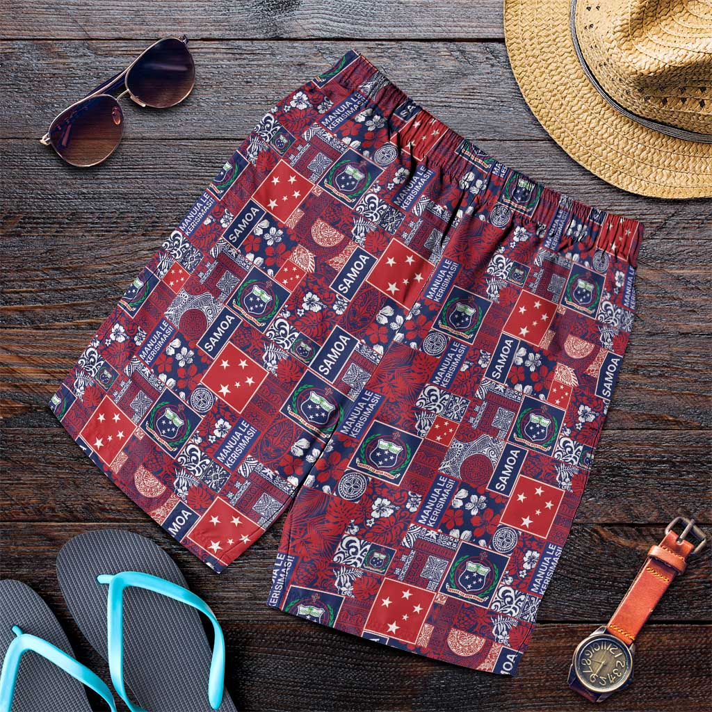 Red Samoa Manuia Le Kerisimasi Shorts for Men Pacific Patchwork Xmas Vibes - Polynesian Pride