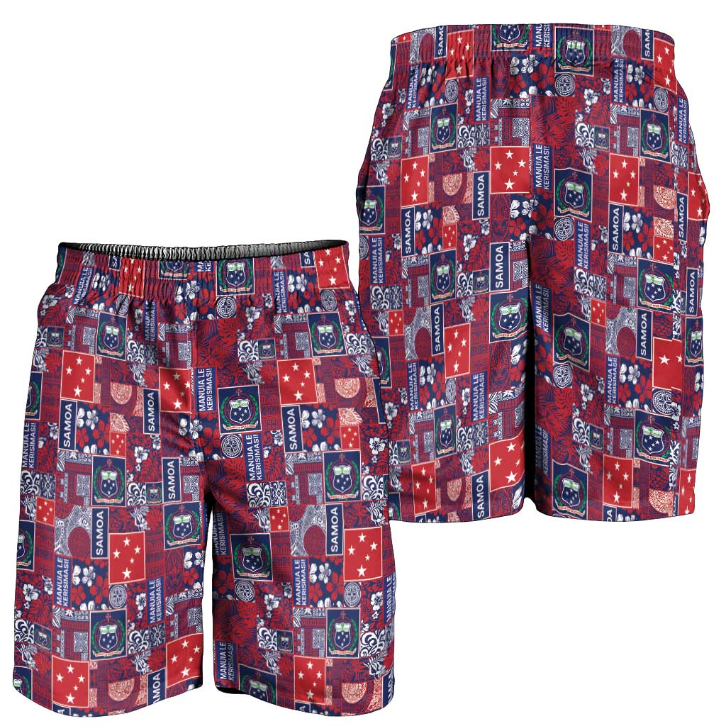 Red Samoa Manuia Le Kerisimasi Shorts for Men Pacific Patchwork Xmas Vibes - Polynesian Pride
