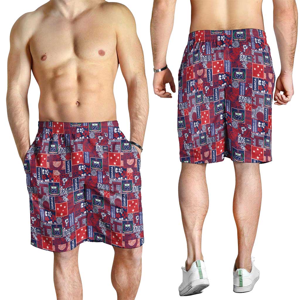 Red Samoa Manuia Le Kerisimasi Shorts for Men Pacific Patchwork Xmas Vibes - Polynesian Pride
