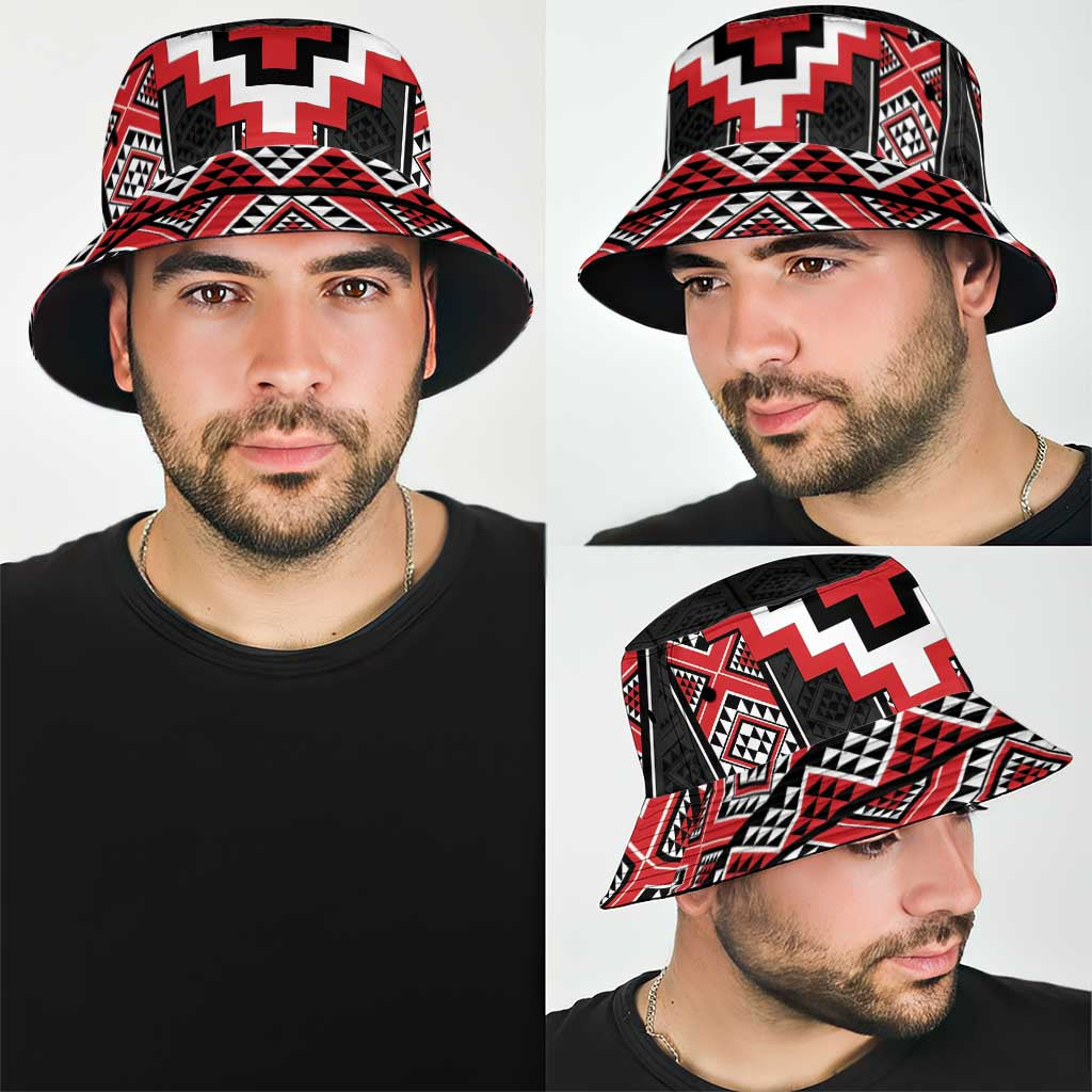 Red Taniko Aotearoa Bucket Hat Niho Taniwha Mix Poutama LT14