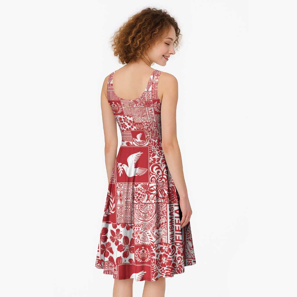 Red Tonga Kilisimasi Fiefia Midi Dress Pacific Patchwork Xmas Vibes - Polynesian Pride