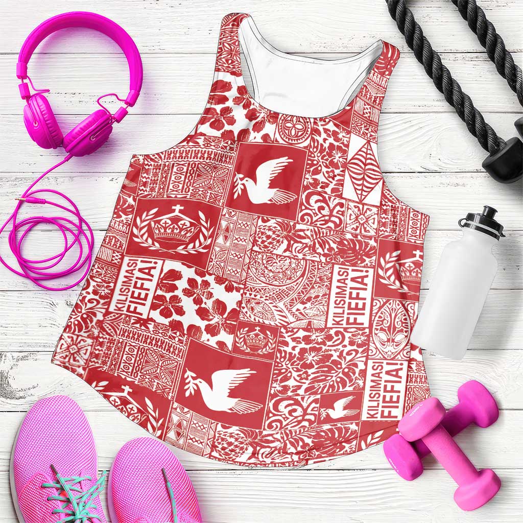 Red Tonga Kilisimasi Fiefia Women Racerback Tank Pacific Patchwork Xmas Vibes - Polynesian Pride