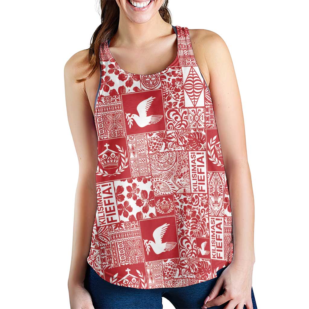 Red Tonga Kilisimasi Fiefia Women Racerback Tank Pacific Patchwork Xmas Vibes - Polynesian Pride