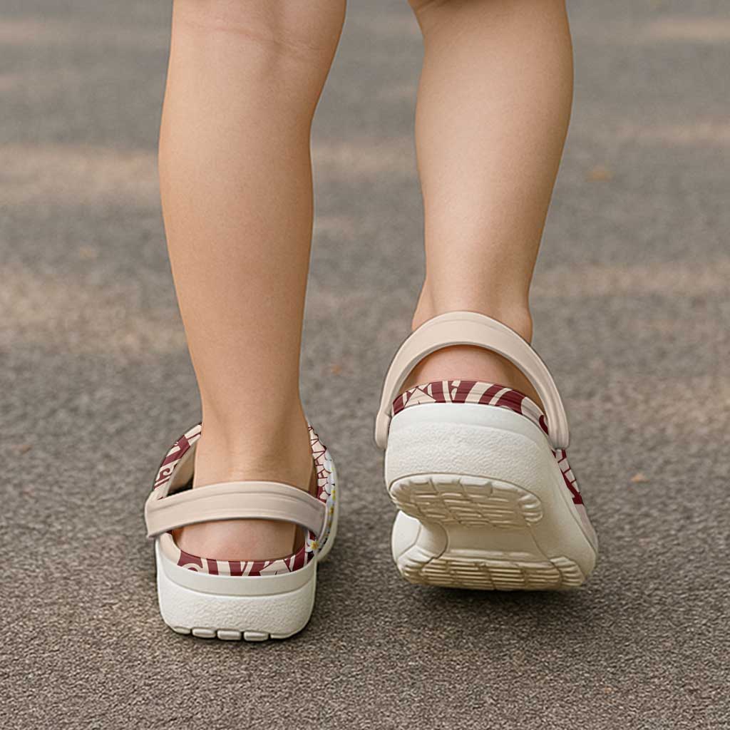 Red Vintage Tonga Ngatu Pattern With Plumeria Clogs Shoes - Polynesian Pride