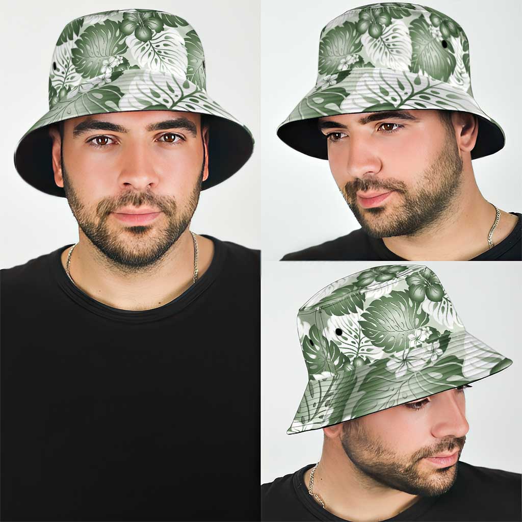 Sage Green Aloha Hawaii Bucket Hat Monstera Hibiscus Plumeria Seamless Vibes - Polynesian Pride