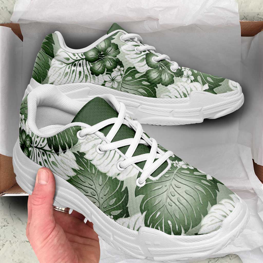 Sage Green Aloha Hawaii Chunky Sneakers Monstera Hibiscus Plumeria Seamless Vibes - Polynesian Pride