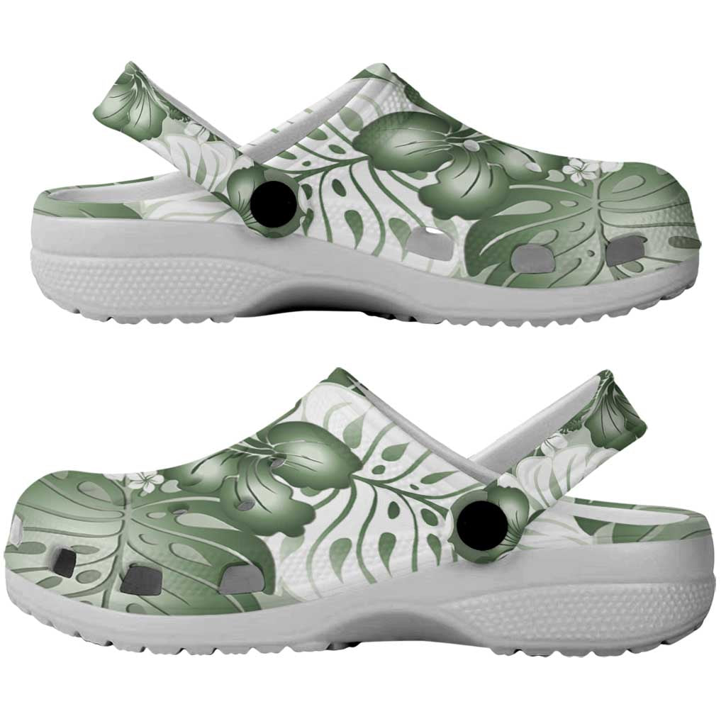Sage Green Aloha Hawaii Clogs Shoes Monstera Hibiscus Plumeria Seamless Vibes - Polynesian Pride
