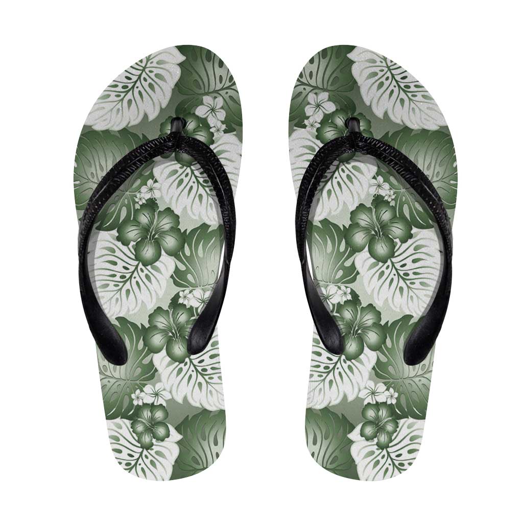 Sage Green Aloha Hawaii Flip Flops Monstera Hibiscus Plumeria Seamless Vibes - Polynesian Pride