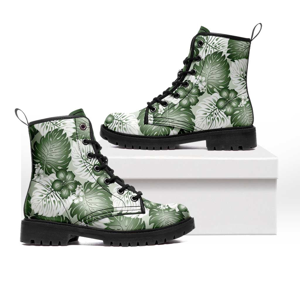 Sage Green Aloha Hawaii Leather Boots Monstera Hibiscus Plumeria Seamless Vibes LT14 Sage Green - Polynesian Pride