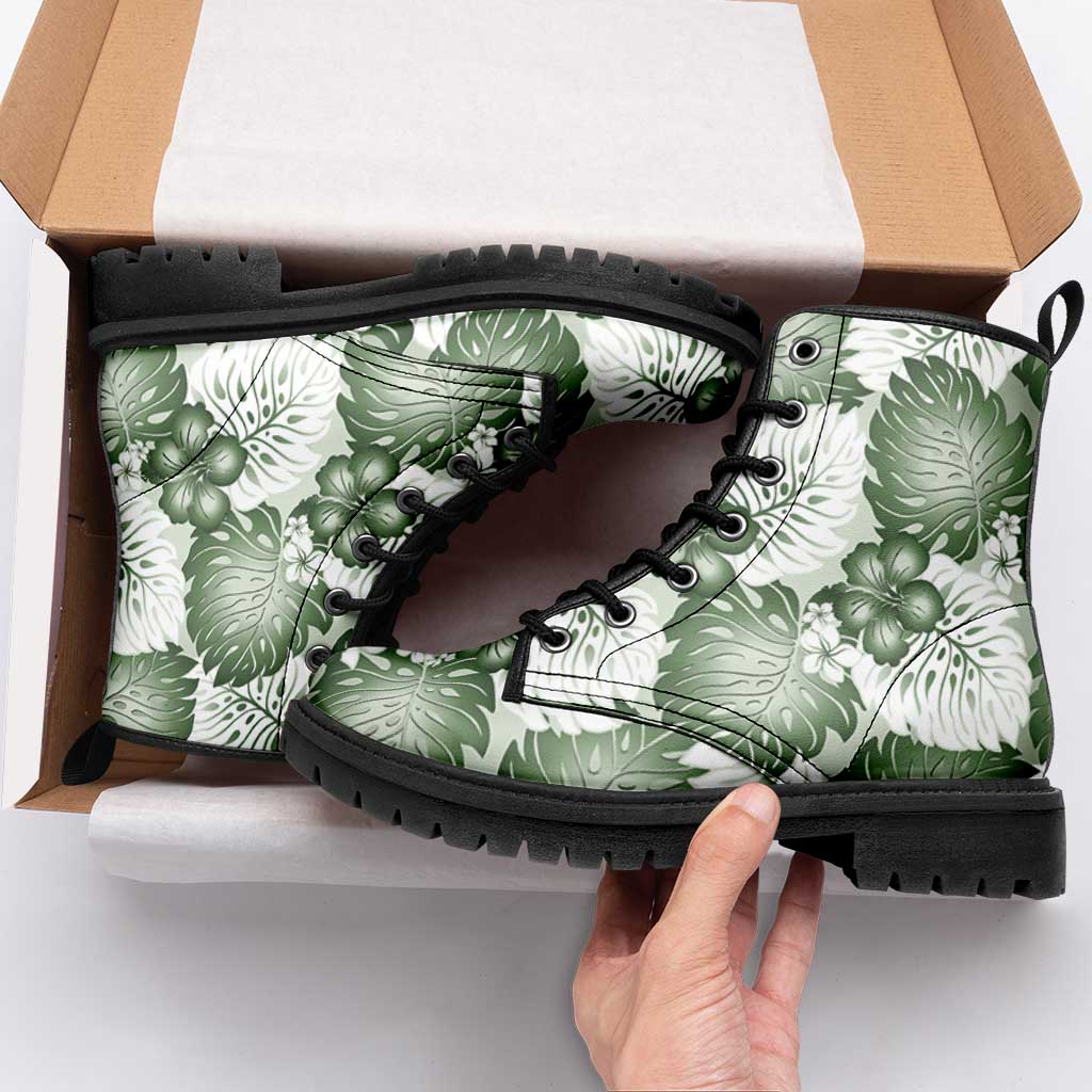 Sage Green Aloha Hawaii Leather Boots Monstera Hibiscus Plumeria Seamless Vibes LT14 - Polynesian Pride