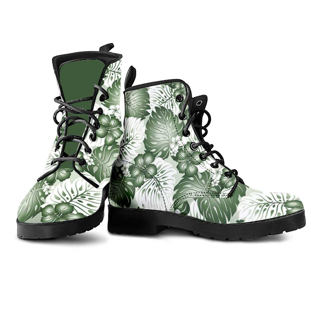 Sage Green Aloha Hawaii Leather Boots Monstera Hibiscus Plumeria Seamless Vibes LT14 - Polynesian Pride