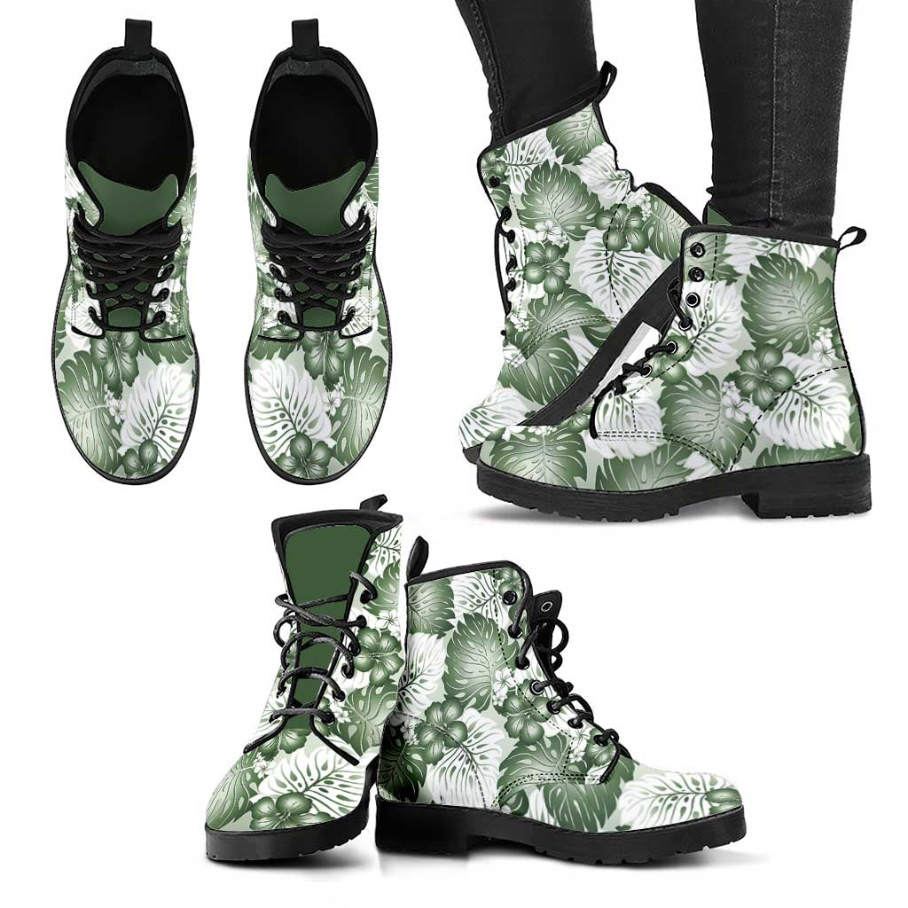 Sage Green Aloha Hawaii Leather Boots Monstera Hibiscus Plumeria Seamless Vibes LT14 - Polynesian Pride