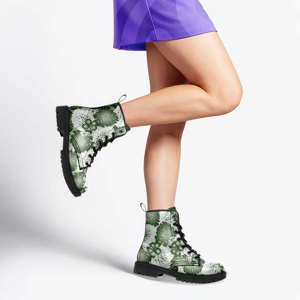 Sage Green Aloha Hawaii Leather Boots Monstera Hibiscus Plumeria Seamless Vibes LT14 - Polynesian Pride