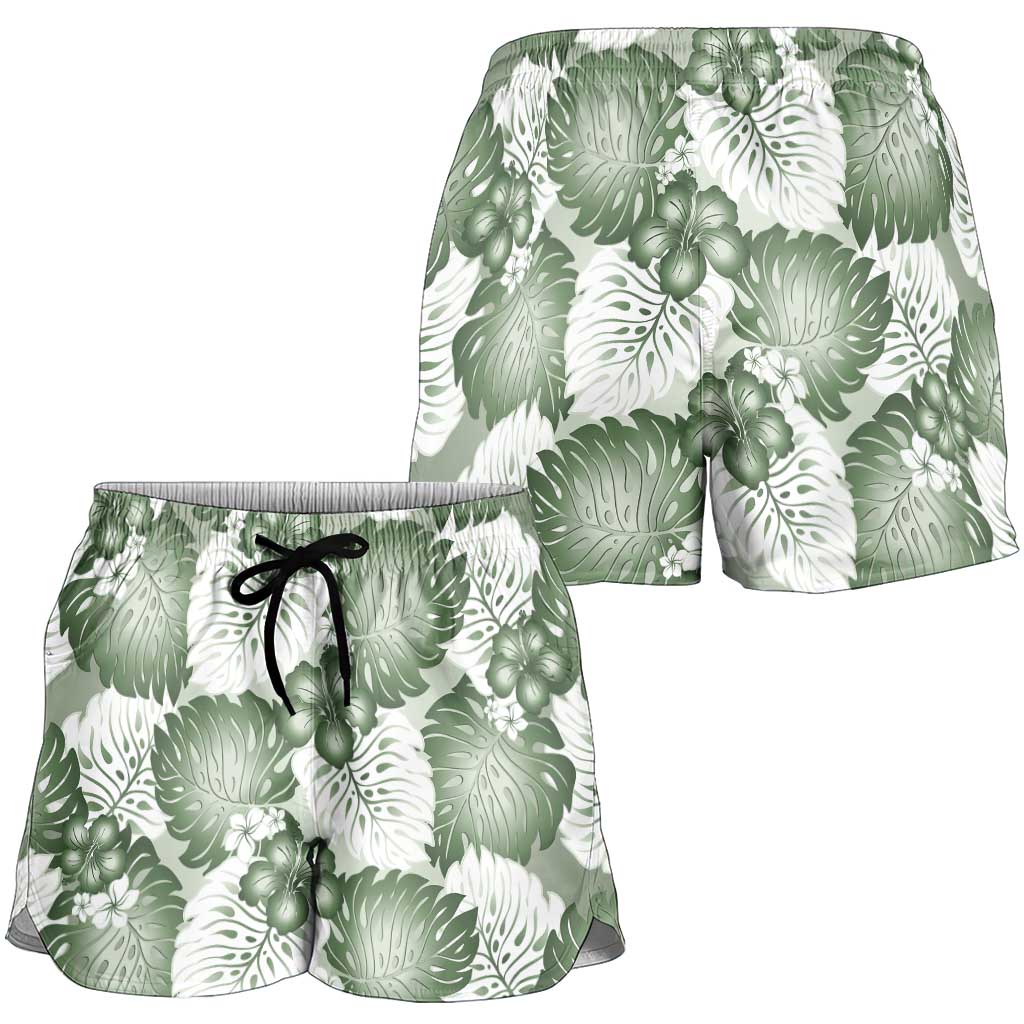 Sage Green Aloha Hawaii Shorts for Women Monstera Hibiscus Plumeria Seamless Vibes - Polynesian Pride