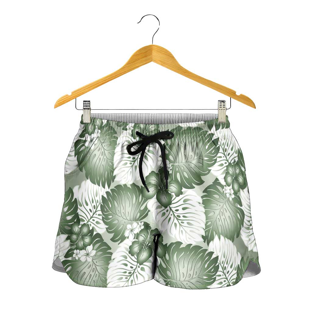 Sage Green Aloha Hawaii Shorts for Women Monstera Hibiscus Plumeria Seamless Vibes - Polynesian Pride