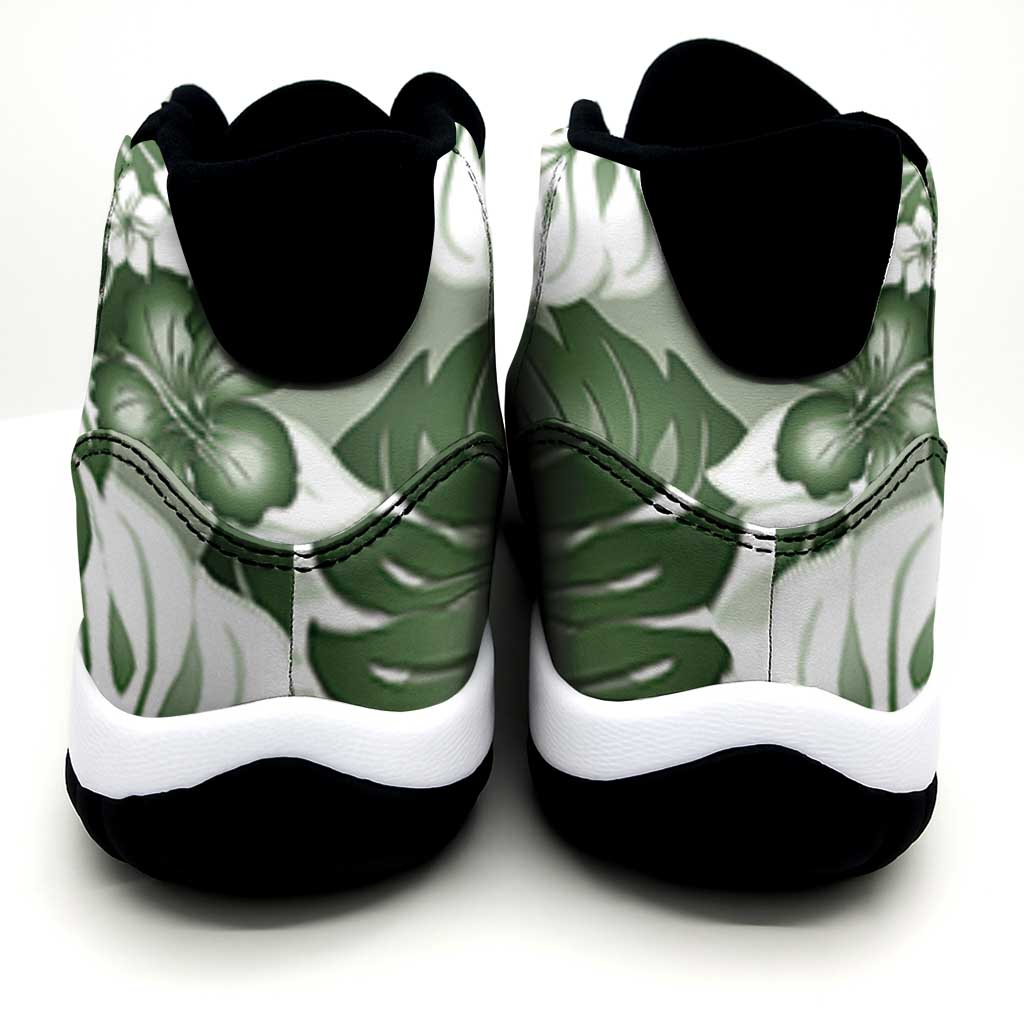 Sage Green Aloha Hawaii Sneakers J11 Monstera Hibiscus Plumeria Seamless Vibes - Polynesian Pride