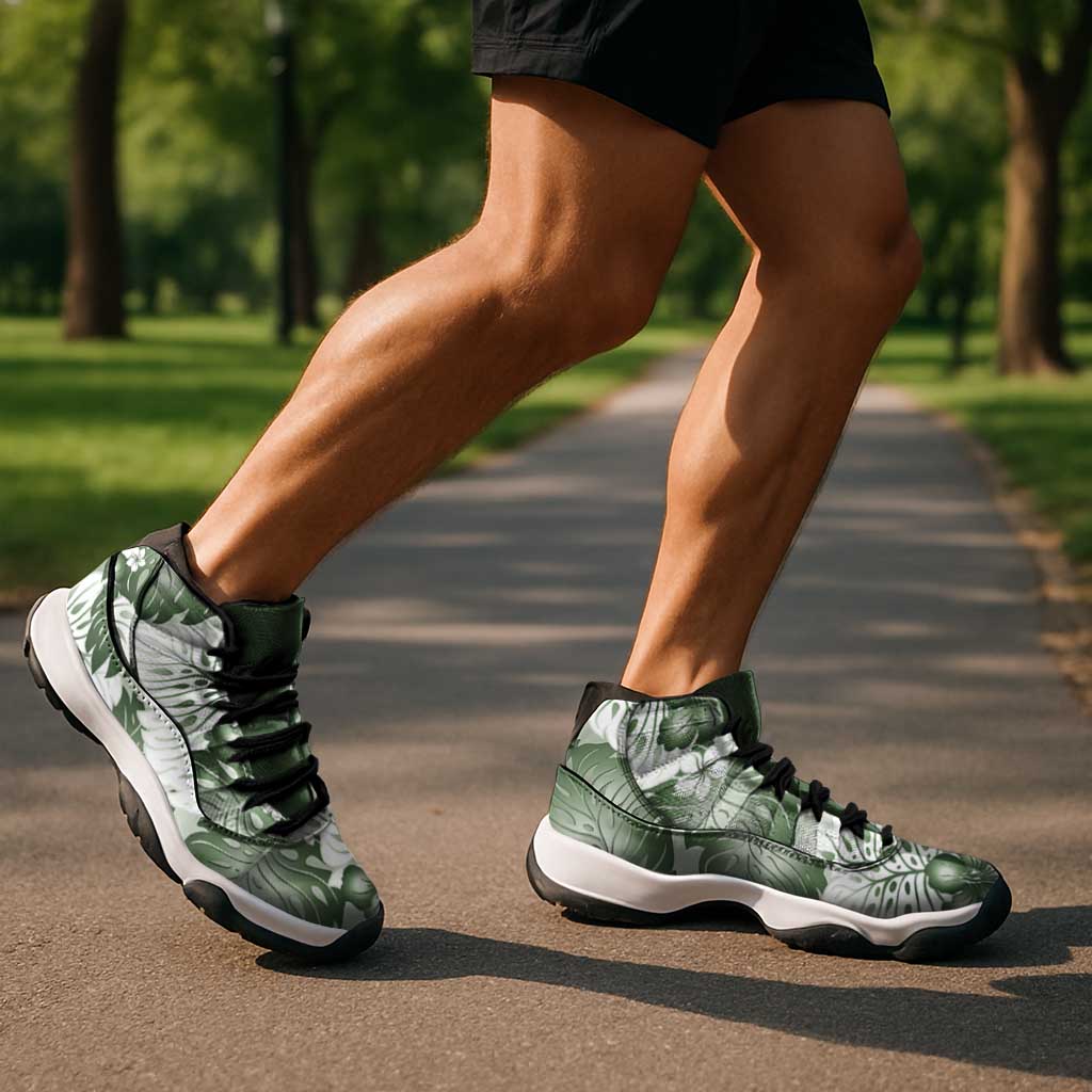 Sage Green Aloha Hawaii Sneakers J11 Monstera Hibiscus Plumeria Seamless Vibes - Polynesian Pride