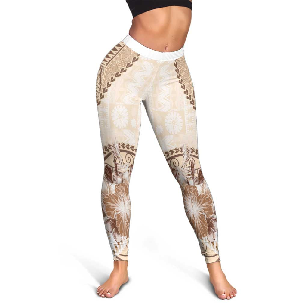 Samoa Siapo Elegant Leggings Hibiscus Beige Motifs LT05 - Polynesian Pride