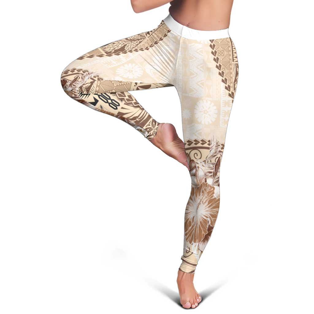 Samoa Siapo Elegant Leggings Hibiscus Beige Motifs LT05 - Polynesian Pride