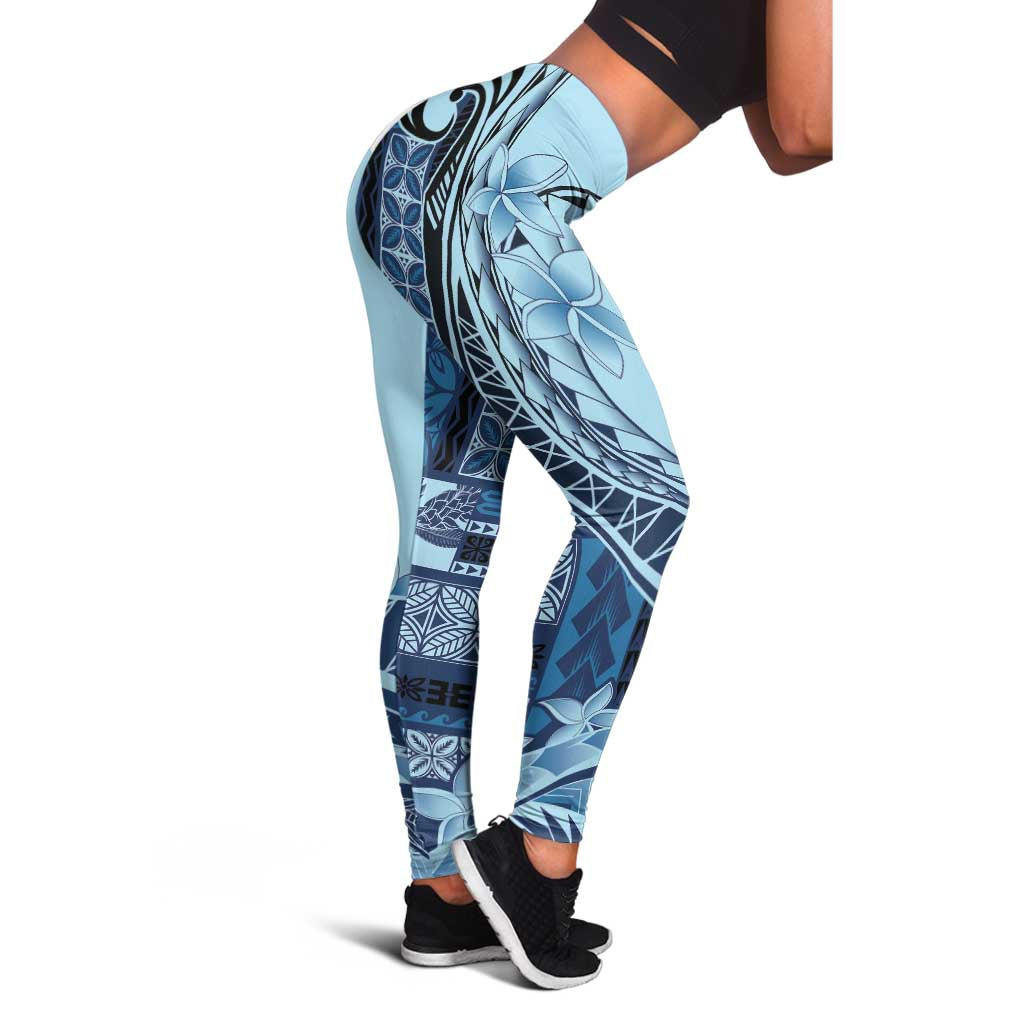 Samoa Siapo Mamanu Leggings Plumeria Navy Blue Motifs LT7 - Polynesian Pride