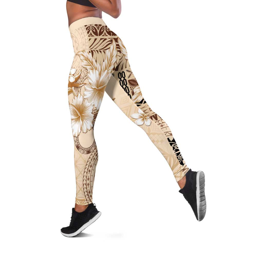 Samoa Siapo Pattern With Beige Hibiscus Leggings LT05 Beige - Polynesian Pride
