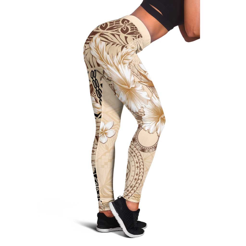 Samoa Siapo Pattern With Beige Hibiscus Leggings LT05 - Polynesian Pride
