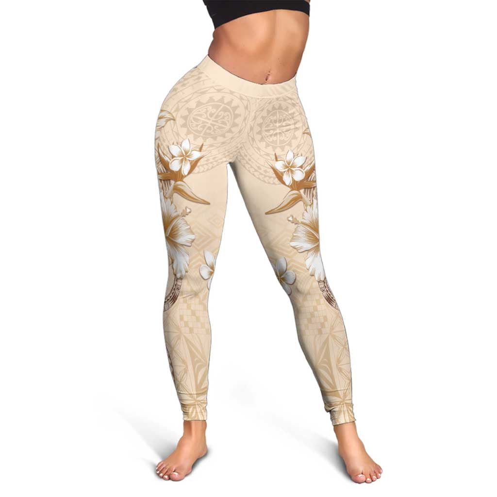 Samoa Siapo Pattern With Beige Hibiscus Leggings LT05 - Polynesian Pride