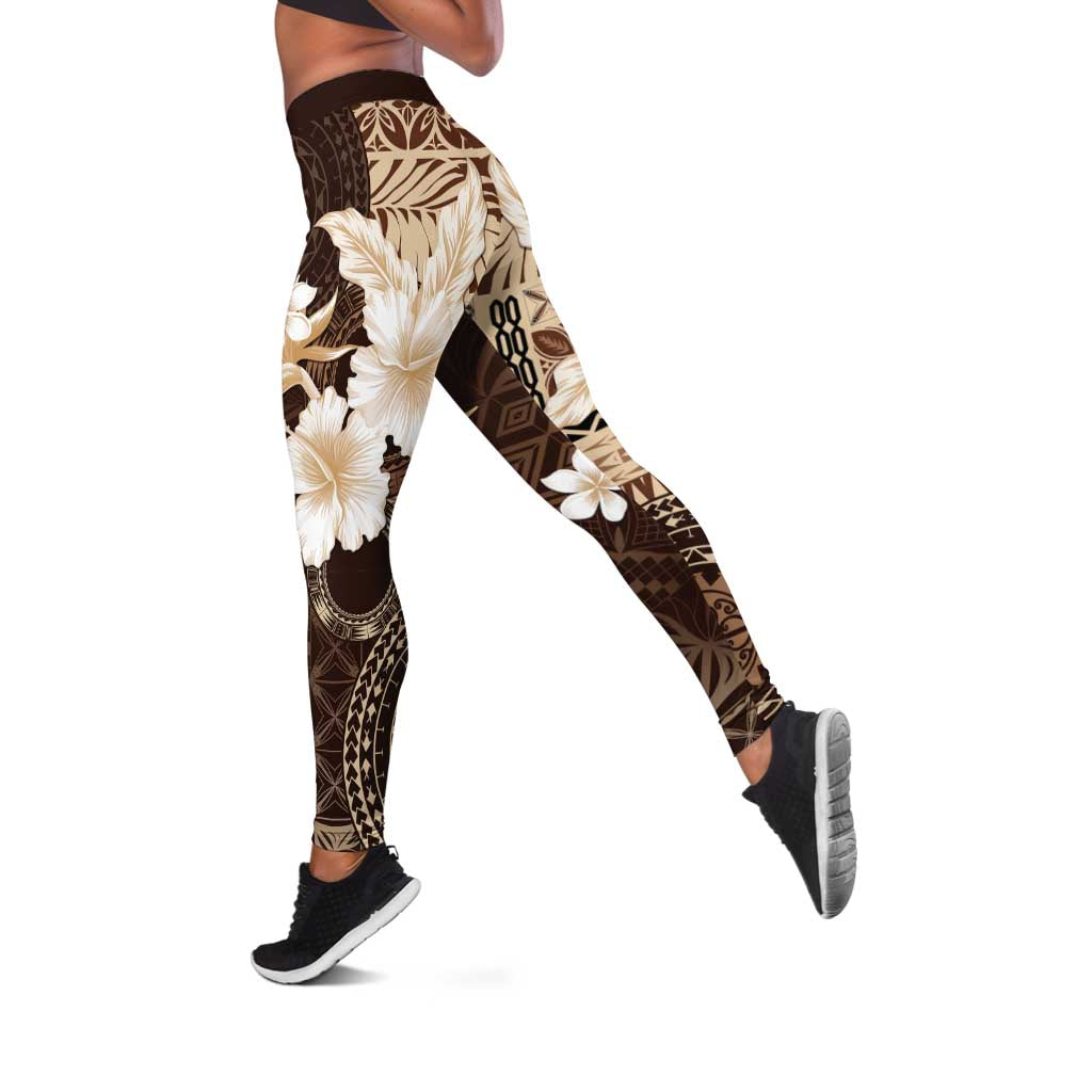 Samoa Siapo Pattern With Brown Hibiscus Leggings LT05 Brown - Polynesian Pride