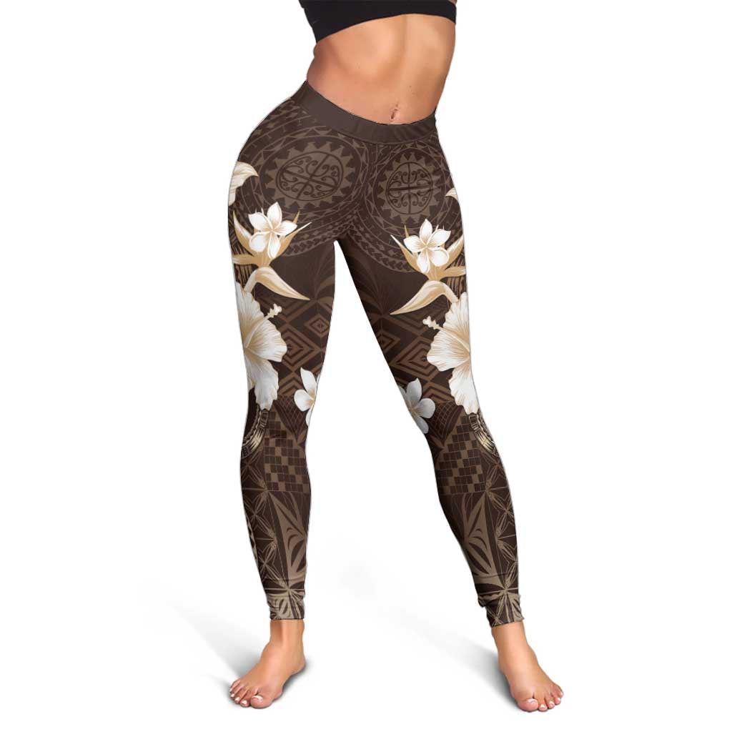 Samoa Siapo Pattern With Brown Hibiscus Leggings LT05 - Polynesian Pride