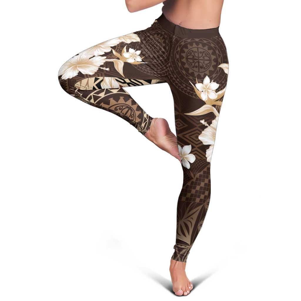 Samoa Siapo Pattern With Brown Hibiscus Leggings LT05 - Polynesian Pride