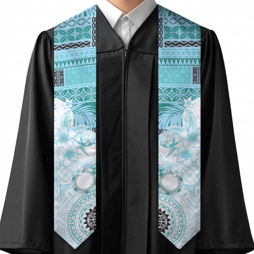 Samoa Siapo Pattern With Teal Hibiscus Graduation Stole LT05 - Polynesian Pride