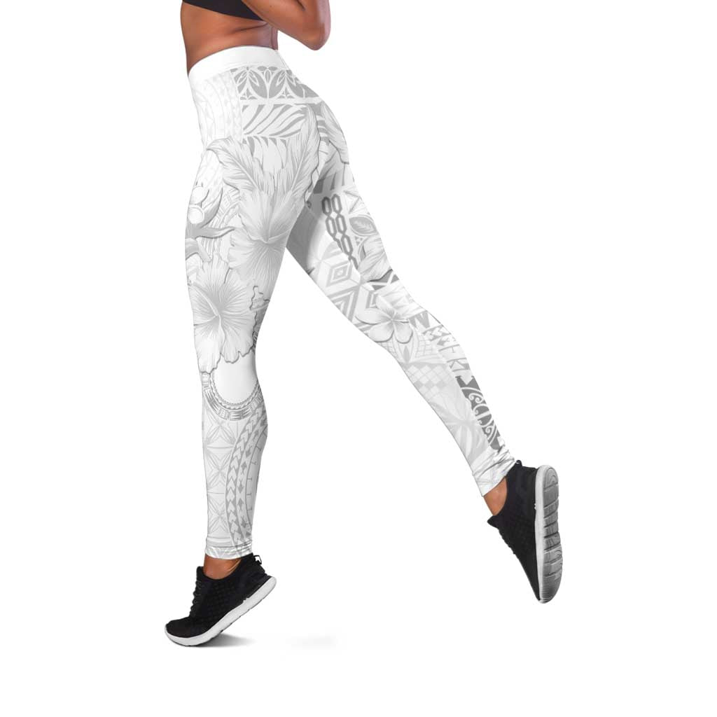 Samoa Siapo Pattern With White Hibiscus Leggings LT05 White - Polynesian Pride