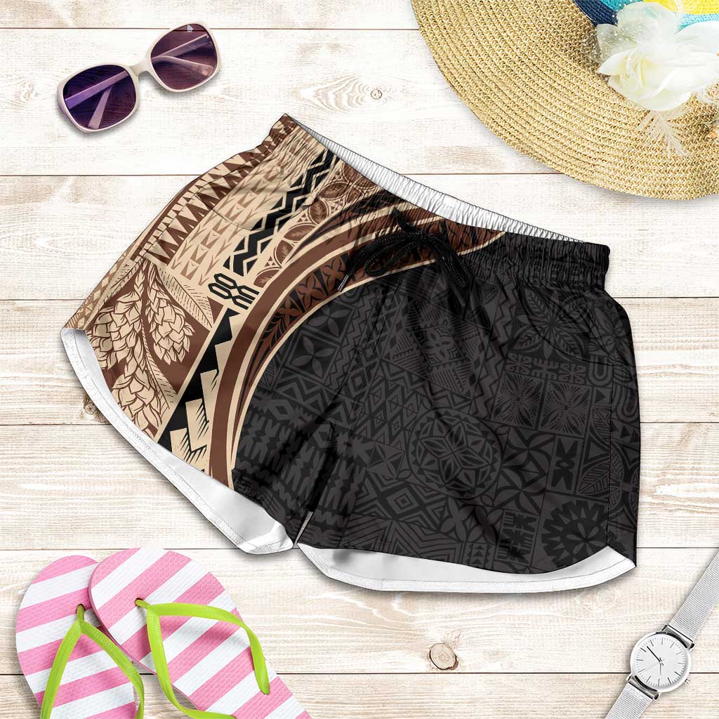 Samoa Siapo Tapa Pattern Half Style Shorts for Women Beige Color - Polynesian Pride
